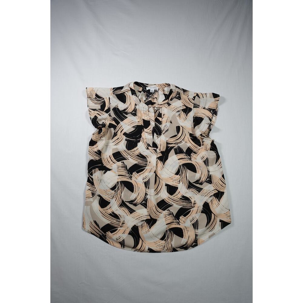Calvin Klein Beige Black Abstract Print Tie Neck Blouse Women's Size Large